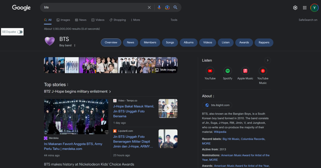 Hasil pencarian BTS di Google Knowledge Graph