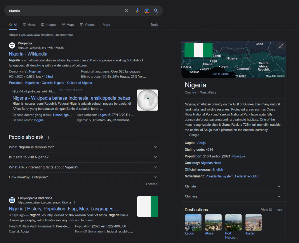 Hasil pencarian tentang Nigeria di Google