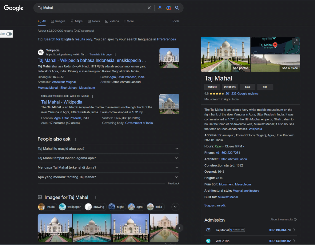 Hasil pencarian Taj Mahal di Google