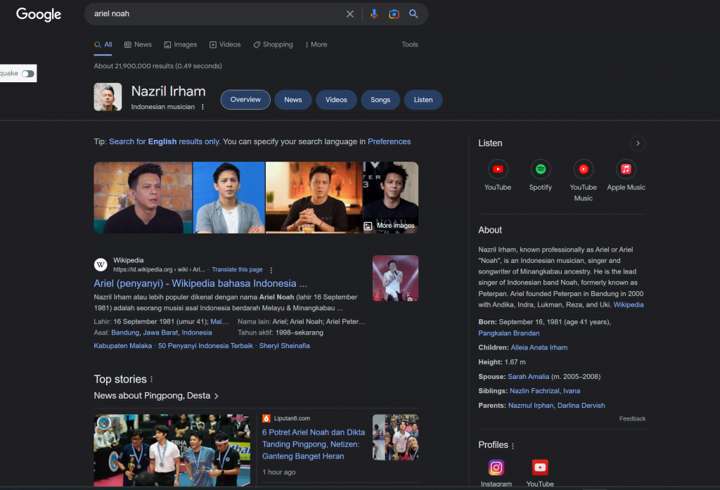 Hasil pencarian "Ariel Noah" menampilkan "Nazril Irham" di Google