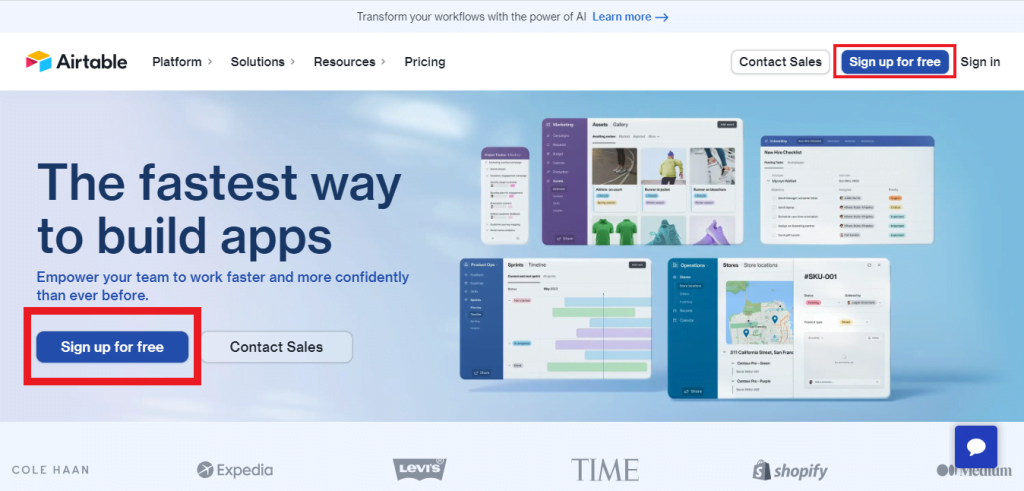 Airtable PLG Example Website Sign up for Free