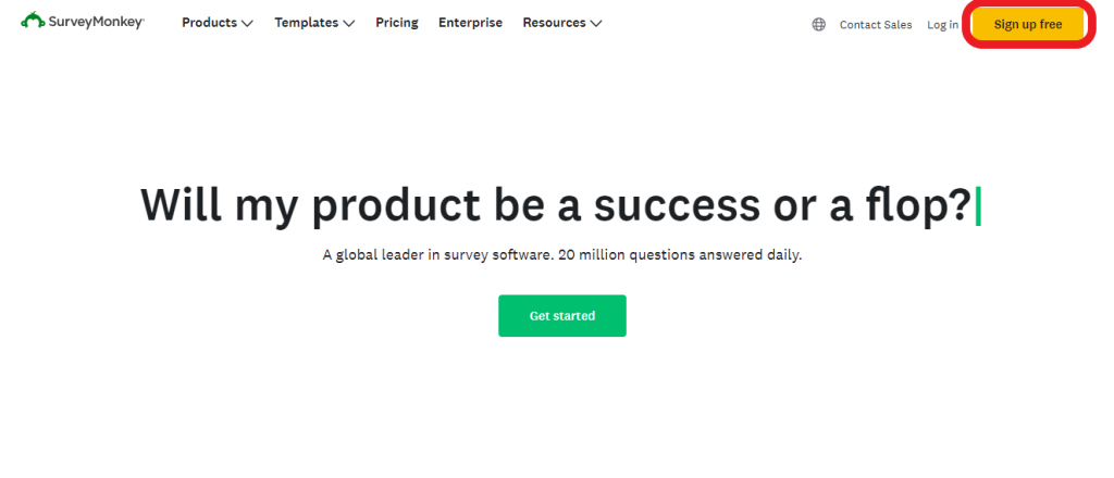 Survey Monkey PLG Example Website Sign up for Free